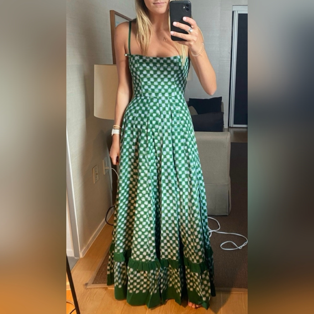Spaghetti Straps Checkerboard Print Zip Slip Flowy Ruffled Long Maxi Dress - Picture 5 of 5